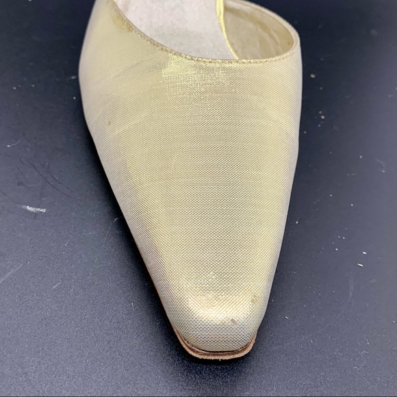 Nina Gold Pumps Heels Metallic Fabric Upper Leather Sole Cross Strap Size 7.5 - Picture 9 of 10